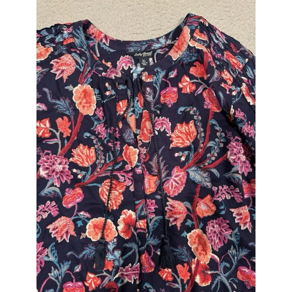 Lucky Brand Womens Blouse XL Dark Blue Red Pink Floral Long Sleeve Tie‎ Front - Picture 6 of 12